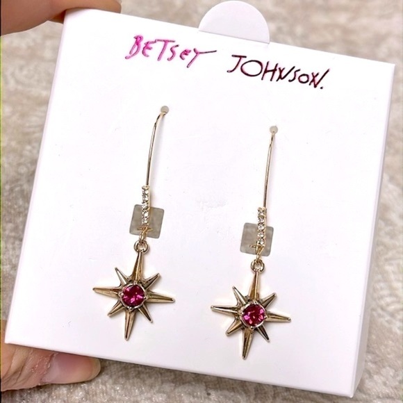 Brand New Betsey Johnson Gold Tone Celestial Star Pink Stone Drop Earrings - Picture 2 of 15
